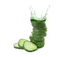 Cucumber slices and splashing green liquid on white background