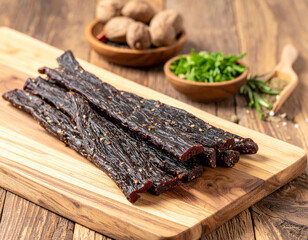 Fototapeta premium South African biltong sticks arranged neatly on a wooden board with herbs and spices.