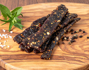South African biltong sticks arranged neatly on a wooden board with herbs and spices.