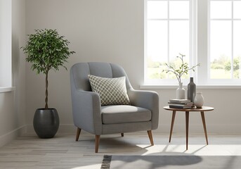 Living room interior with gray armchair, side table, and potted plant near window