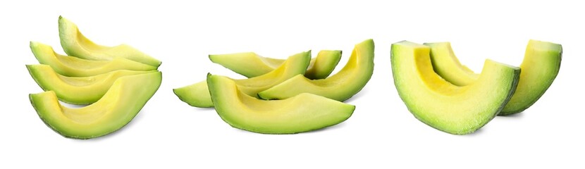 Fresh avocado slices isolated on white, set