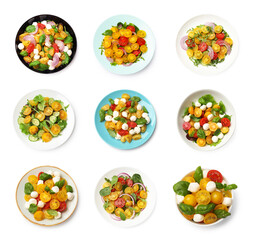 Tasty fresh salads with yellow and red tomatoes on white background, set. Top view