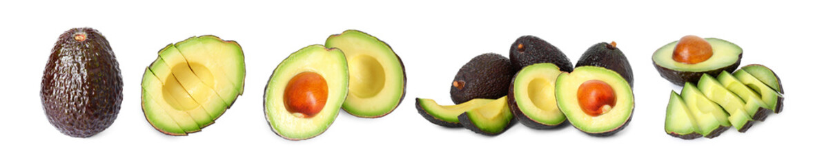 Fresh avocado fruits isolated on white, set