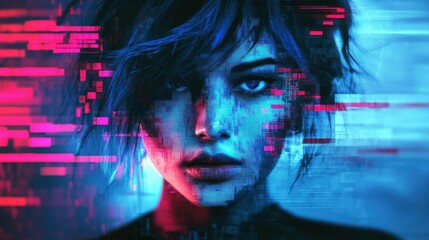 Obraz premium surreal portrait of a woman with electric blue hair, her face blending into pixelated fragments as if dissolving into a digital world. The background features shifting neon grids and glitch effects