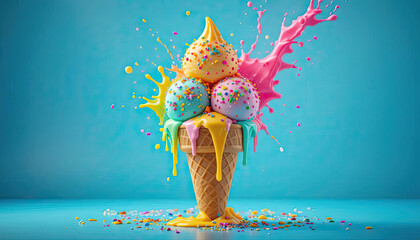 Studio Food Shot of Melting Ice Cream with Pink and Yellow Splash Effects