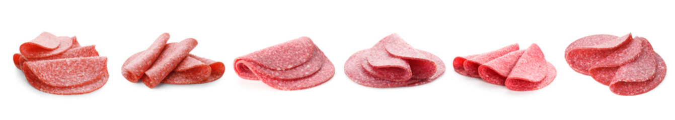 Salami sausage slices on white background, set
