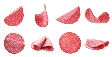 Salami sausage slices on white background, collage