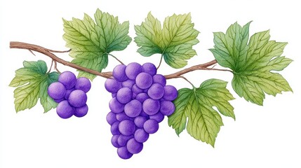 Obraz premium Lush Grape Vine with Ripe Fruit - A watercolor painting of a grapevine branch with clusters of dark purple grapes and vibrant green leaves. Perfect for wine labels, autumn themes, or harvest designs