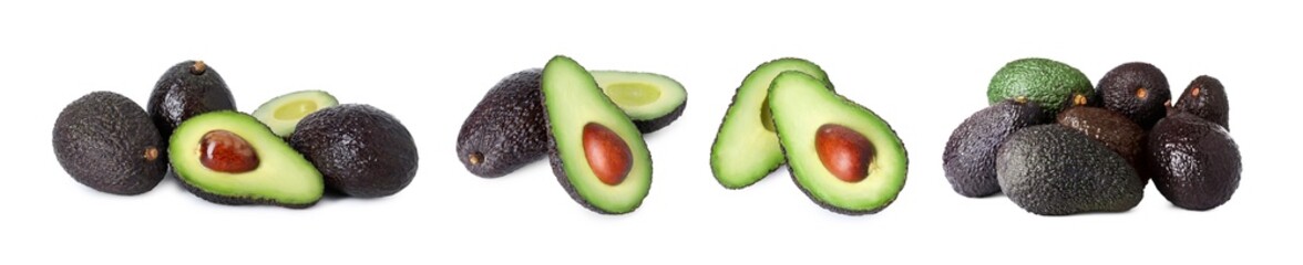 Fresh avocado fruits isolated on white, set