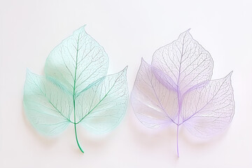 Fototapeta premium Delicate skeleton leaves in shades of green and purple showcasing intricate venation patterns on a neutral background.