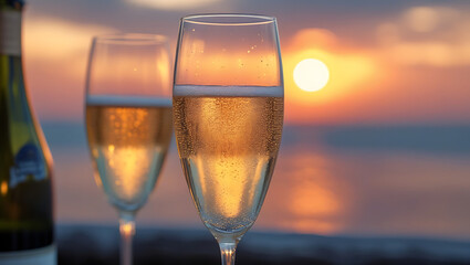 Obraz premium Champagne Glass and Bottle with Sunset Background