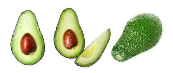 Fresh avocado fruits isolated on white, set
