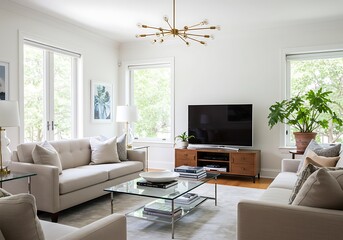 Living room interior with beige sofas glass table and television set against white walls