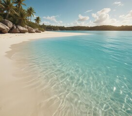 Golden sand, turquoise water, lush island backdrop,  seascape,  vibrant,  paradise