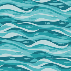 Seamless pattern of stylized fish and waves in blue summer tones