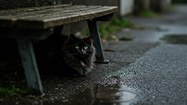 Dark cat hiding under bench on rainy street in urban environment  