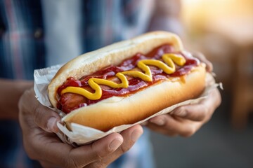Man holding delicious hotdog with ketchup and mustard close up shot appetizing snack for lunch or dinner fast food meal