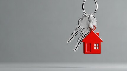 A 4K photo of red house key with silver keys against a gray backdrop, illustrating a real estate concept for banners, web design, with ample copy space on the left side.