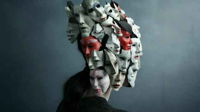 Mask exploration: person evaluates facial expressions, determining emotional mask that mirrors inner feelings, wrestling with authenticity versus pretense, balancing roles in social environments.