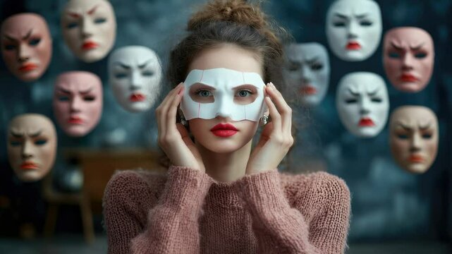 Mask exploration: person evaluates facial expressions, determining emotional mask that mirrors inner feelings, wrestling with authenticity versus pretense, balancing roles in social environments.