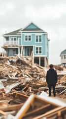Fototapeta premium Man stands before hurricane damage to beach houses in North Carolina USA vertical view from ground level