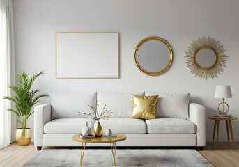 Living room interior with white sofa, gold accents, and blank frame on wall