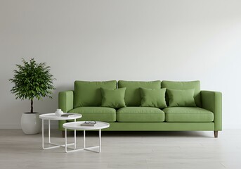 Green sofa with pillows, side tables, and potted plant against a white wall