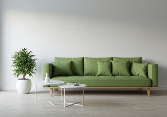 Green sofa with pillows and plant in bright modern living room interior