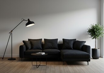 Modern living room with black sofa floor lamp and potted plant against a white wall