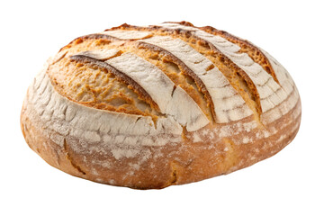 Rustic round bread loaf with golden crust and flour scoring, isolated on white background
