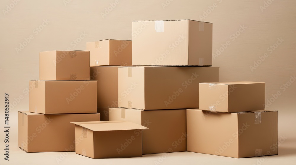 Poster stack of various sized cardboard boxes on beige background.