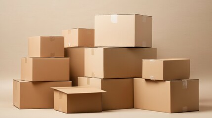 Obraz premium Stack of various sized cardboard boxes on beige background.