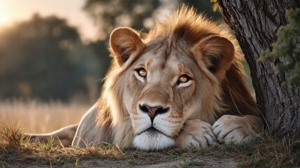 Majestic Lion Resting Under Tree in Golden Hour on Savannah