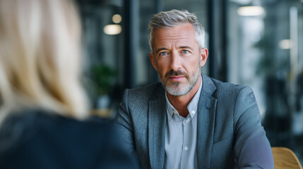 Handsome middle-aged businessman wearing a suit, sitting at a table and talking to his female customer in a modern office