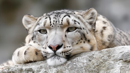 Naklejka premium Majestic Snow Leopard Resting on Rocks - A serene snow leopard rests on a rocky outcrop, symbolizing peace, wild beauty, power, grace