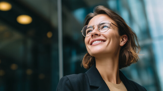 Young business woman smiling and looking up at an office building window, a portrait of a professional manager in a suit with eyeglasses standing against the glass
