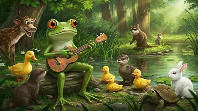 Cartoon frog playing guitar surrounded by cute animal friends in nature  