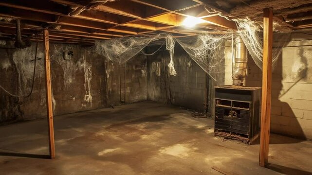 Spooky Abandoned Basement:  A Creepy, Dark, and Dusty Cellar with Cobwebs