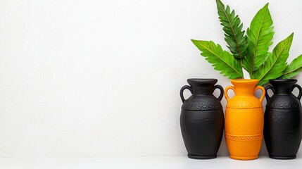 Minimalist Still Life Orange and Black Vases with Green Fern on White Textured Background