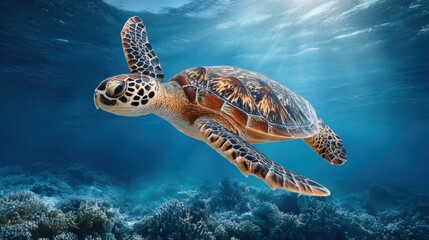 Obraz premium Majestic Sea Turtle Swimming Above Colorful Coral Reef with Sun Rays Filtering Through Crystal Clear Waters