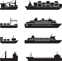 Obraz premium Silhouette of Shipping Vessels: This captivating image showcases an assortment of cargo ships. The stark silhouettes emphasize the sleekness of each vessel