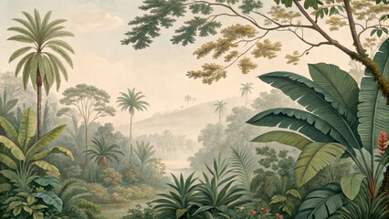 Vintage Botanical Illustration of Lush Tropical Jungle Foliage