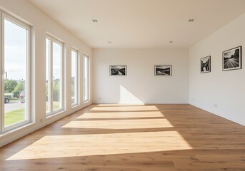 Bright empty room with hardwood floor and landscape art on the wall