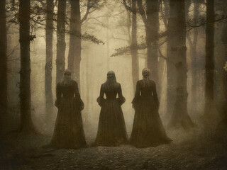 Three figures dressed in long, dark Victorian gowns stand in a misty forest, surrounded by tall trees and a sense of mystery. The light is dim and atmospheric. Image resembles a vintage photograph.