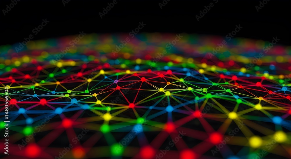Poster vibrant colorful network connection abstract background digital nodes and lines intertwined, represe