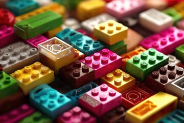 A vibrant close-up of colorful building blocks scattered, creating a textured pattern, promoting creativity, learning, and imaginative play for children of all ages