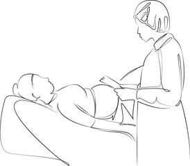 One continuous single drawing line art flat doodle doctor, pregnant, patient, care, hospital, examining, health. Isolated image hand draw contour on a white background, hand drawn, not AI