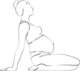 One continuous single drawing line art flat doodle gymnastics, pregnant, sport, woman, adult, lifestyle, yoga, exercise. Isolated image hand draw contour on a white background, hand drawn, not AI