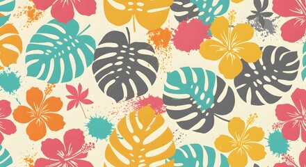Vibrant Tropical Hibiscus and Monstera Leaf Pattern Seamless Design for Fabric, Wallpaper, and More