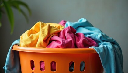 A overflowing laundry basket filled with wrinkled clothes , chaos, basket, washing